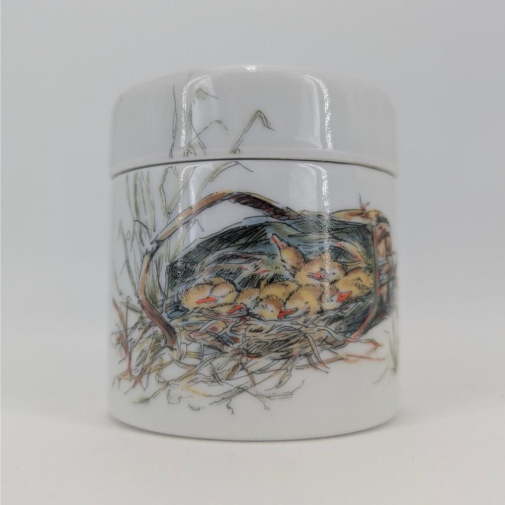 Duckling Nest Porcelain Trinket Jewelry Stash Box Lidded 1970s Mary Mugg Enesco